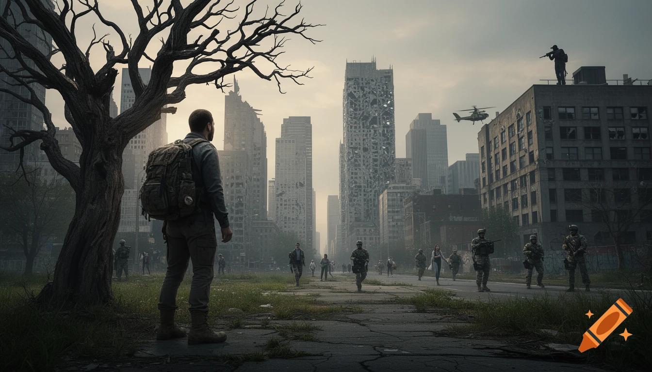 A survivor with a backpack views a devastated city street with abandoned skyscrapers, patrolling soldiers, and a helicopter in a post-apocalyptic scene.