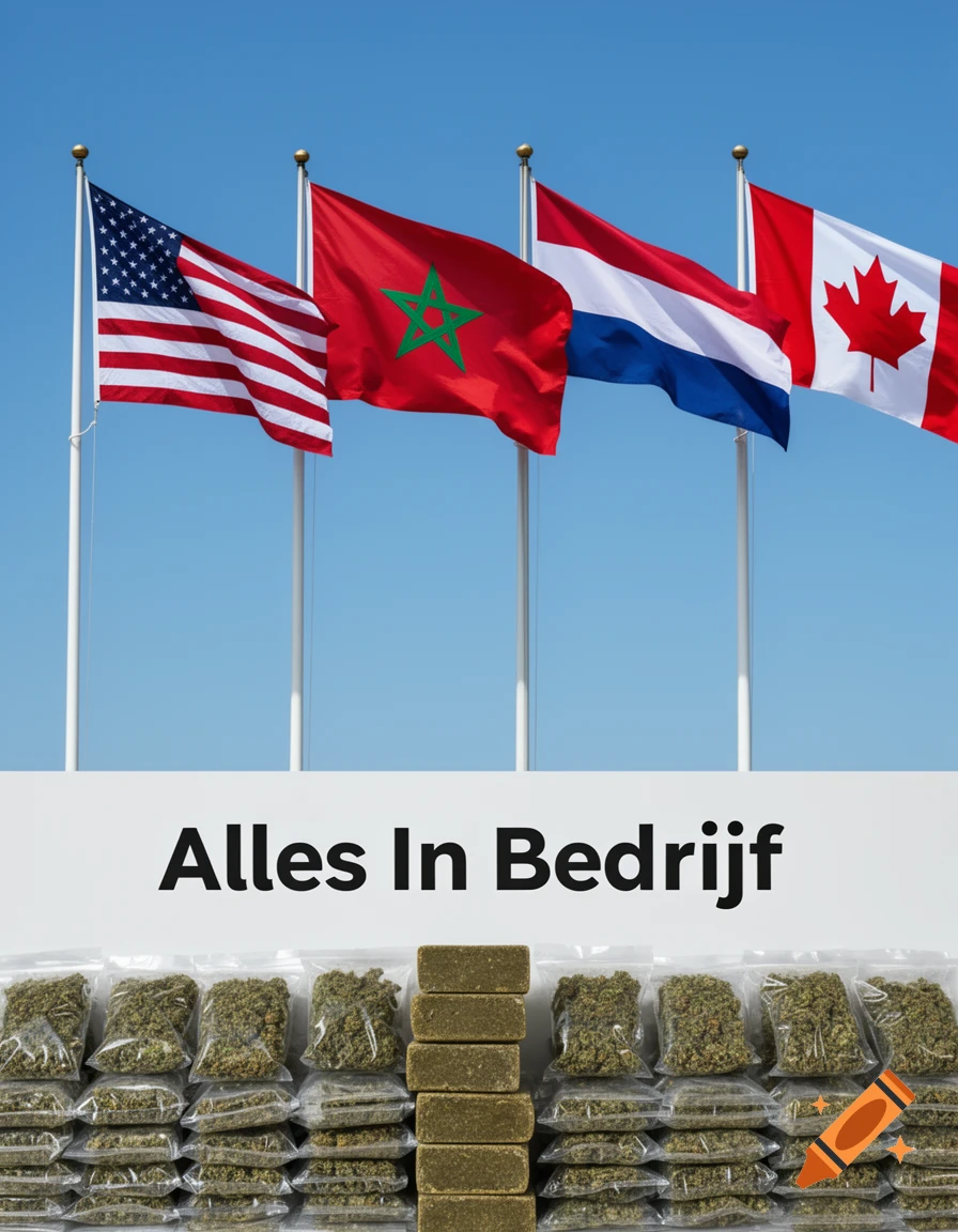 Flags of the USA, Morocco, Netherlands, and Canada above a banner with "Alles In Bedrijf" text and stacks of cannabis bags and hash blocks.