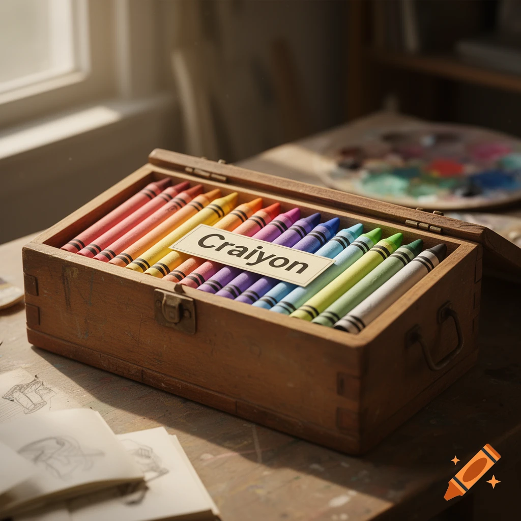A wooden box filled with rainbow-colored crayons sits on a wooden desk in a sunlit art studio.