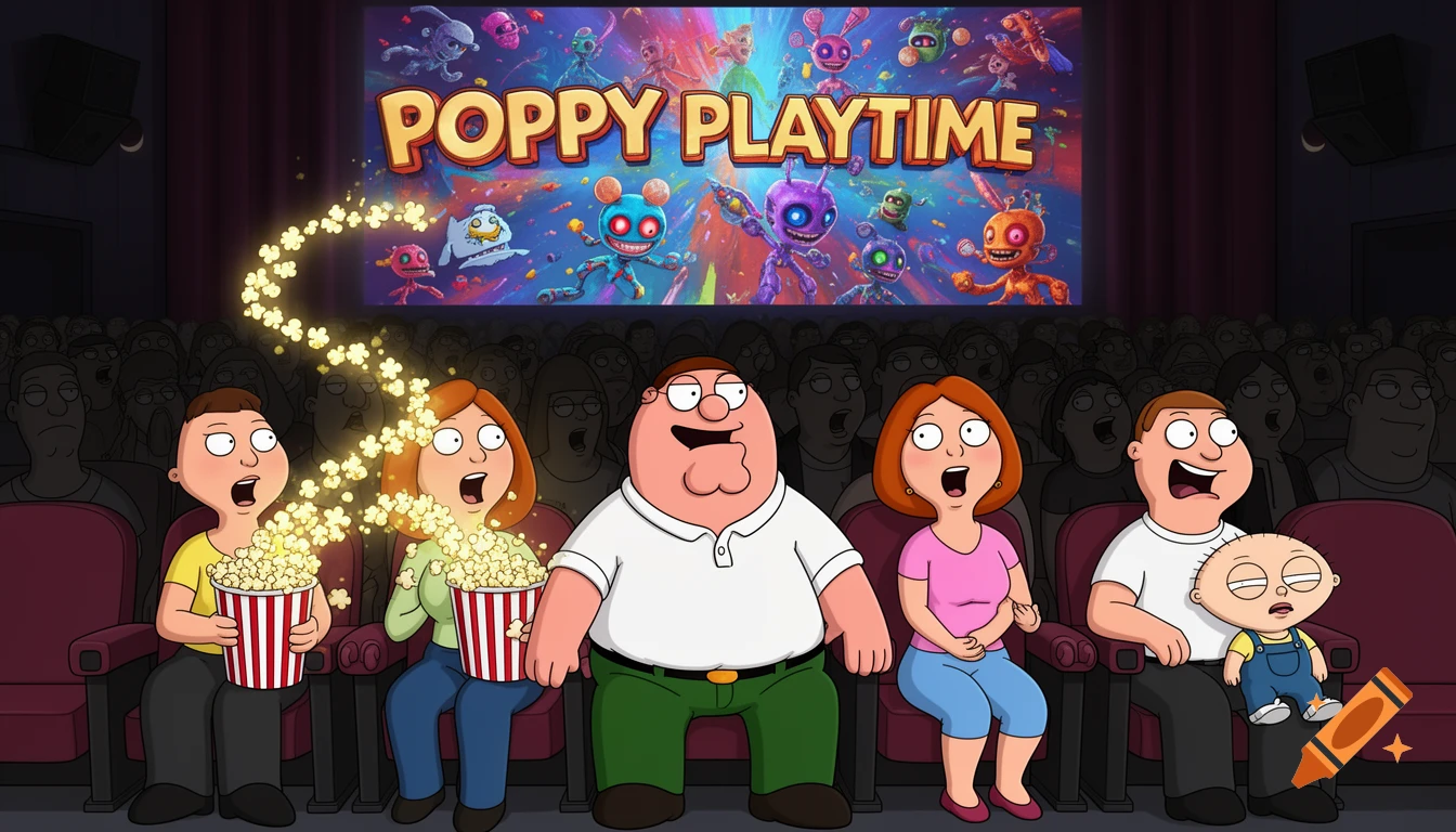 Cartoon Family Guy characters Peter, Lois, Chris, Meg, and Stewie watch the Poppy Playtime movie in a packed theater.