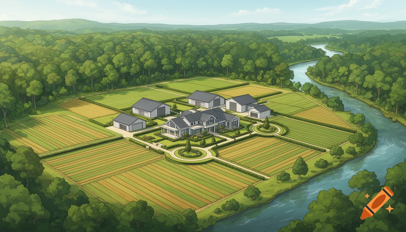 Birds-eye view illustration of a large modern country house with sheds, surrounded by agricultural fields, a dense forest, and a winding river.