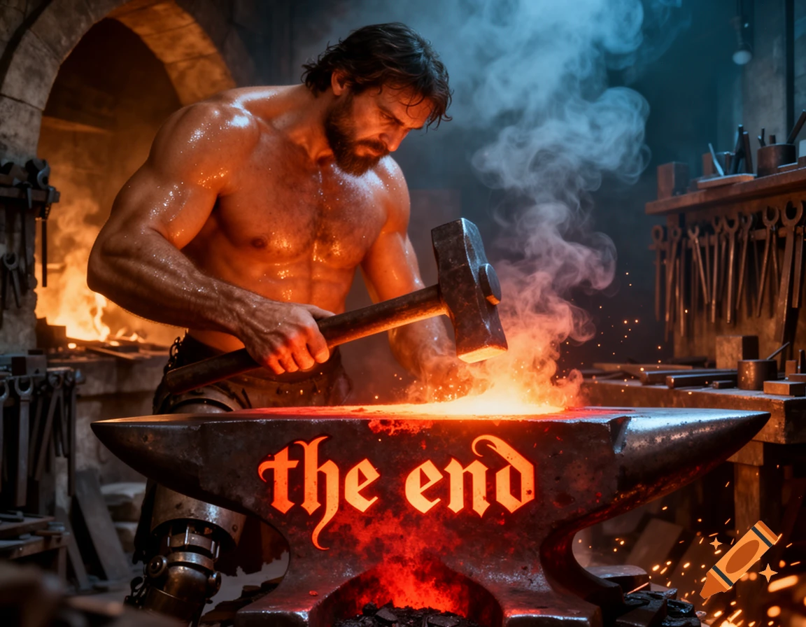 A muscular, shirtless Hephaestus hammers glowing 'the end' text on an anvil in a fiery, smoke-filled forge.