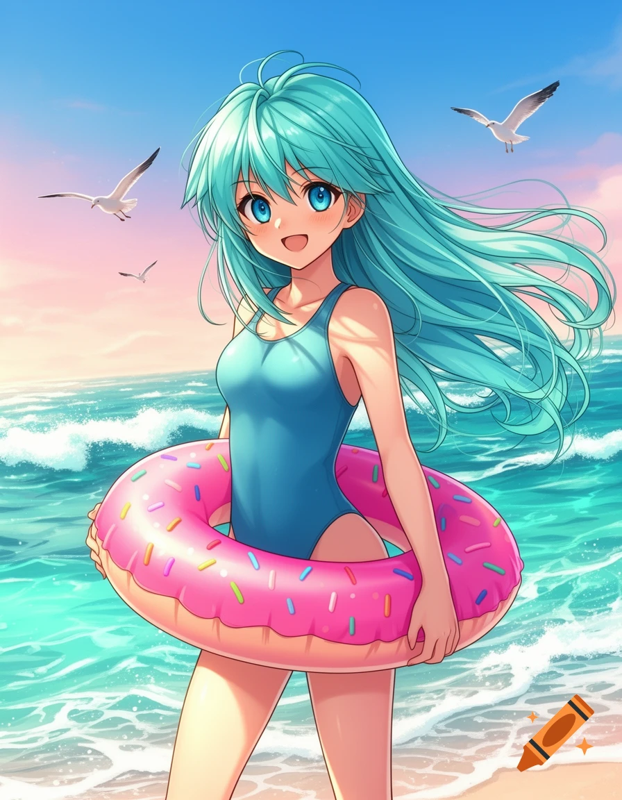 An anime girl with long turquoise hair and blue eyes, wearing a blue swimsuit, holding a pink donut float on a sunny beach with seagulls.