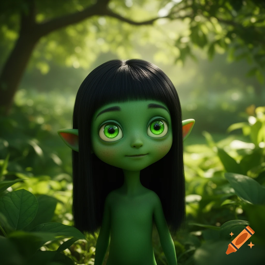 A cute, green-skinned creature with large green eyes and black bangs stands in a lush green forest, rendered in a 3D animation style.