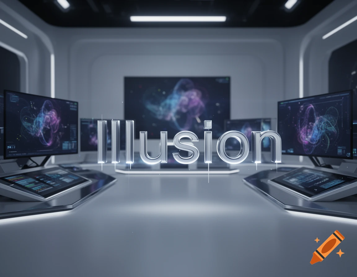 Futuristic control room with glowing screens displaying abstract data and a large metallic 3D text 'Illusion' in the foreground.