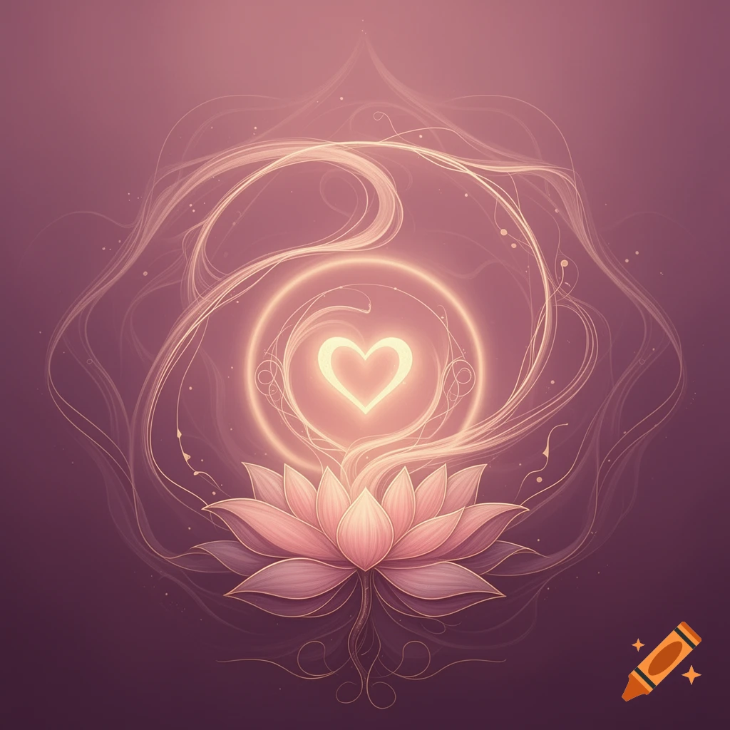 A glowing heart symbol emerges from a soft pink lotus flower with intricate, flowing light spirals on a deep purple background.