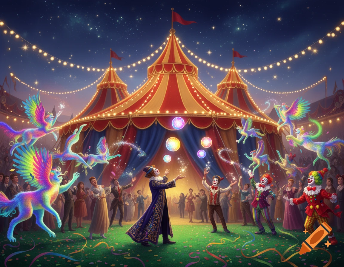 A vibrant circus scene at night with a large tent, glowing string lights, performers, a crowd, and colorful winged creatures flying.