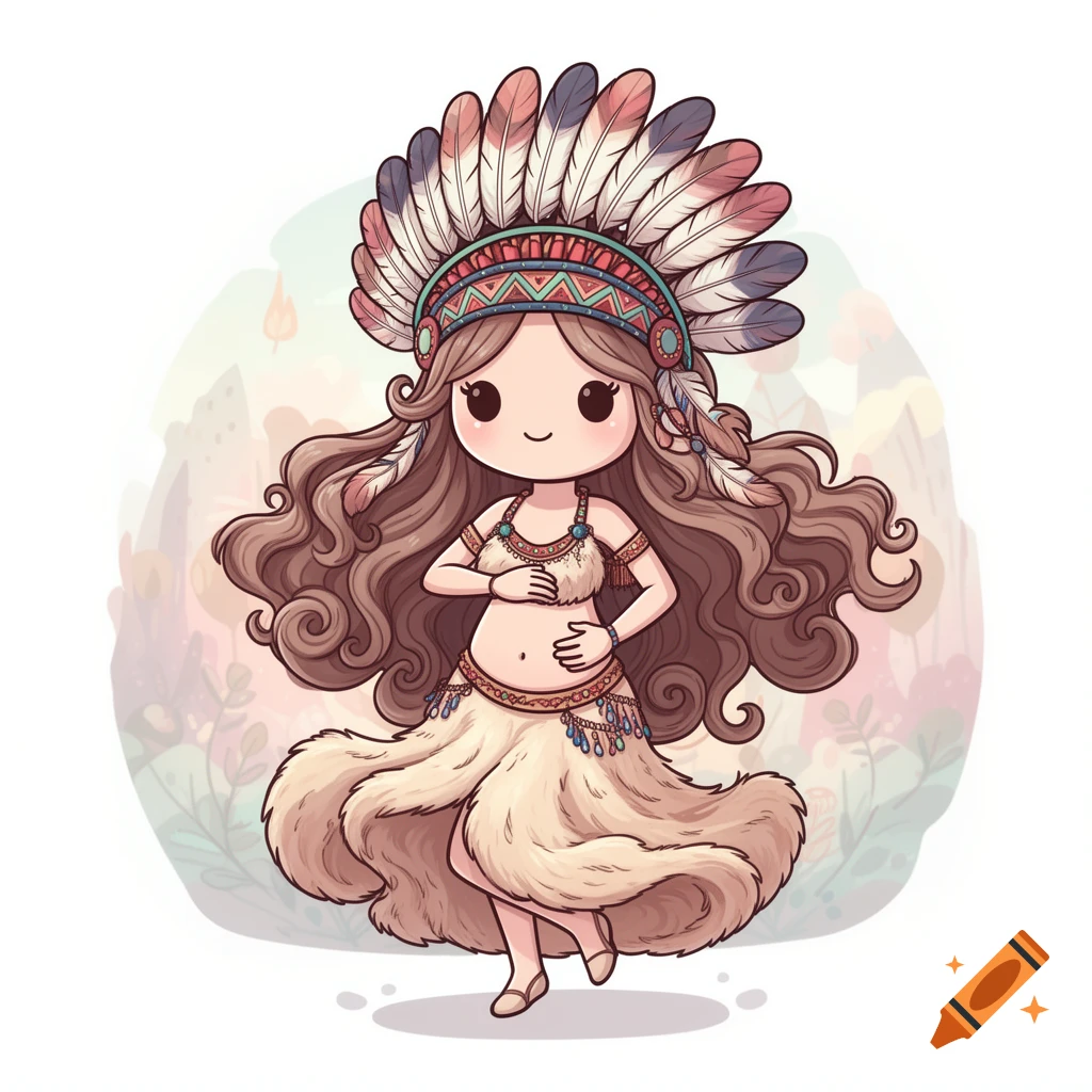 A cute kawaii cartoon girl with long brown hair wearing a feathered headdress, tribal top, and fluffy skirt, patting her belly.