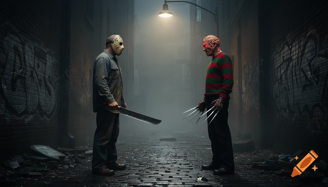 Jason Voorhees and Freddy Krueger confront in a dark, misty alley under a streetlamp, cinematic style.