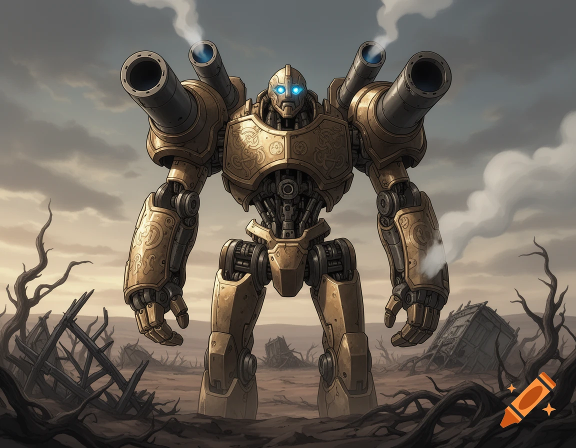 A large, gold and grey steampunk-style robot with shoulder cannons and glowing blue eyes stands in a desolate wasteland with bare trees.