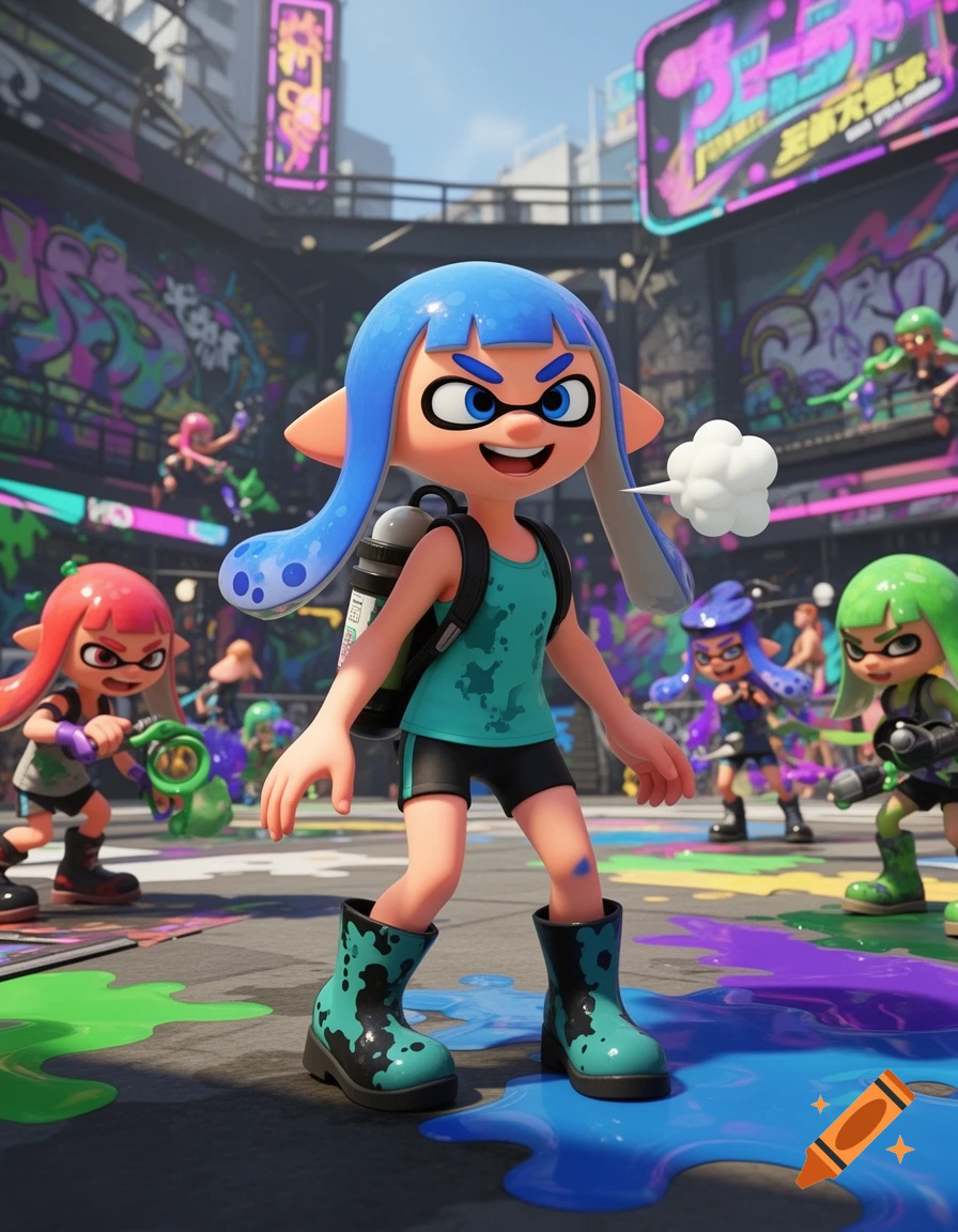 A blue Inkling girl in a turquoise tank top and black shorts stands in an ink-splattered urban arena with other characters, a small smoke cloud behind her.
