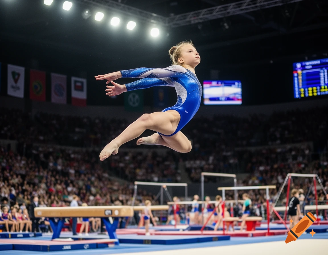 A young female gymnast in a blue leotard leaps mid-air during a performance in a brightly lit arena with spectators.
