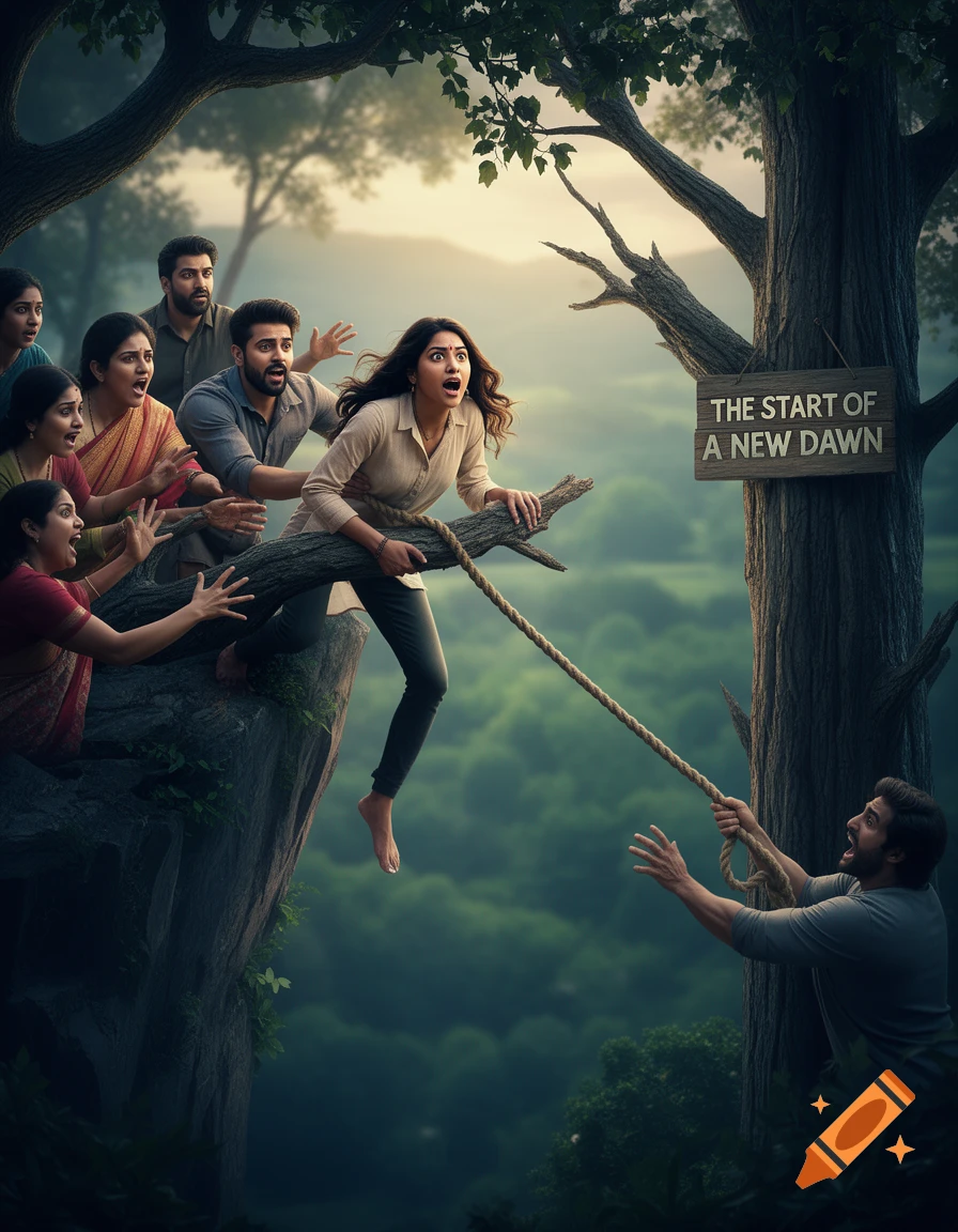 A woman hangs from a cliff, holding a tree branch, as people pull her up with a rope. A sign reads "THE START OF A NEW DAWN".