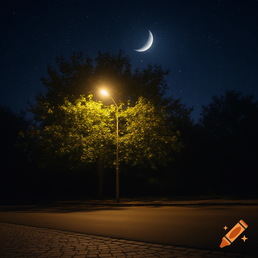 A glowing street light illuminates a tree at night, under a crescent moon and starry sky next to a road.