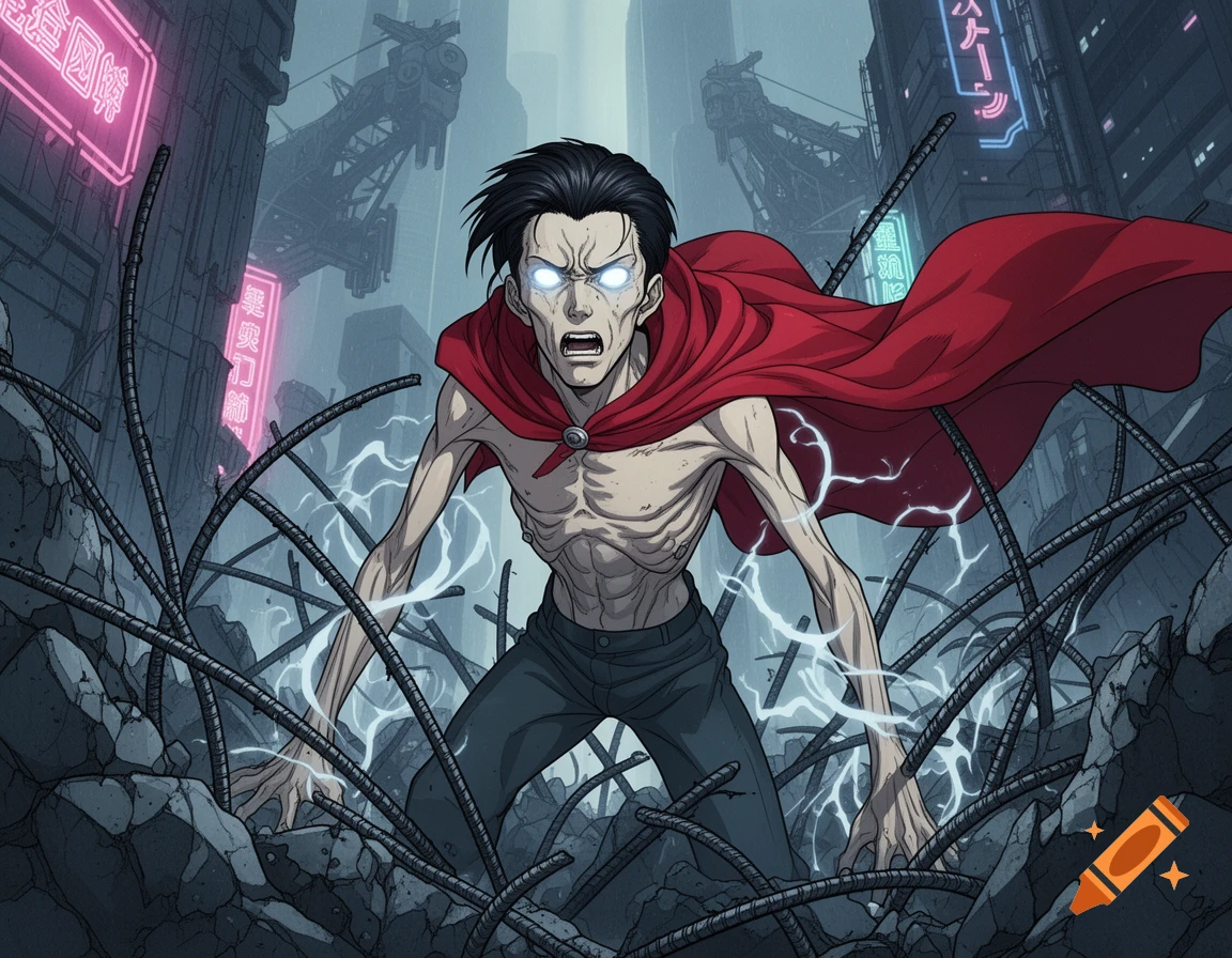 An emaciated man with glowing eyes and a red cape stands in a ruined futuristic city, surrounded by rebar and electricity, in the style of Akira.