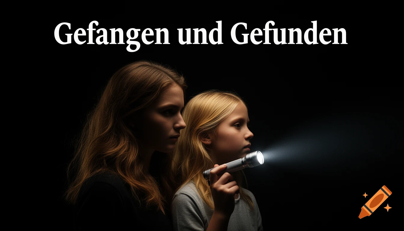 A young woman and a girl with blonde hair holding a flashlight in a dark, cinematic scene.