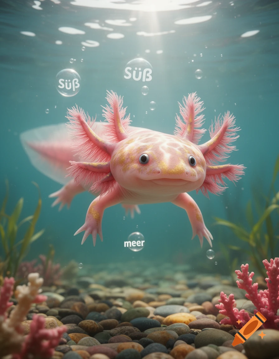 A pink axolotl swims underwater, surrounded by rocks and coral. Bubbles float above with the German words "Süß" and "meer".