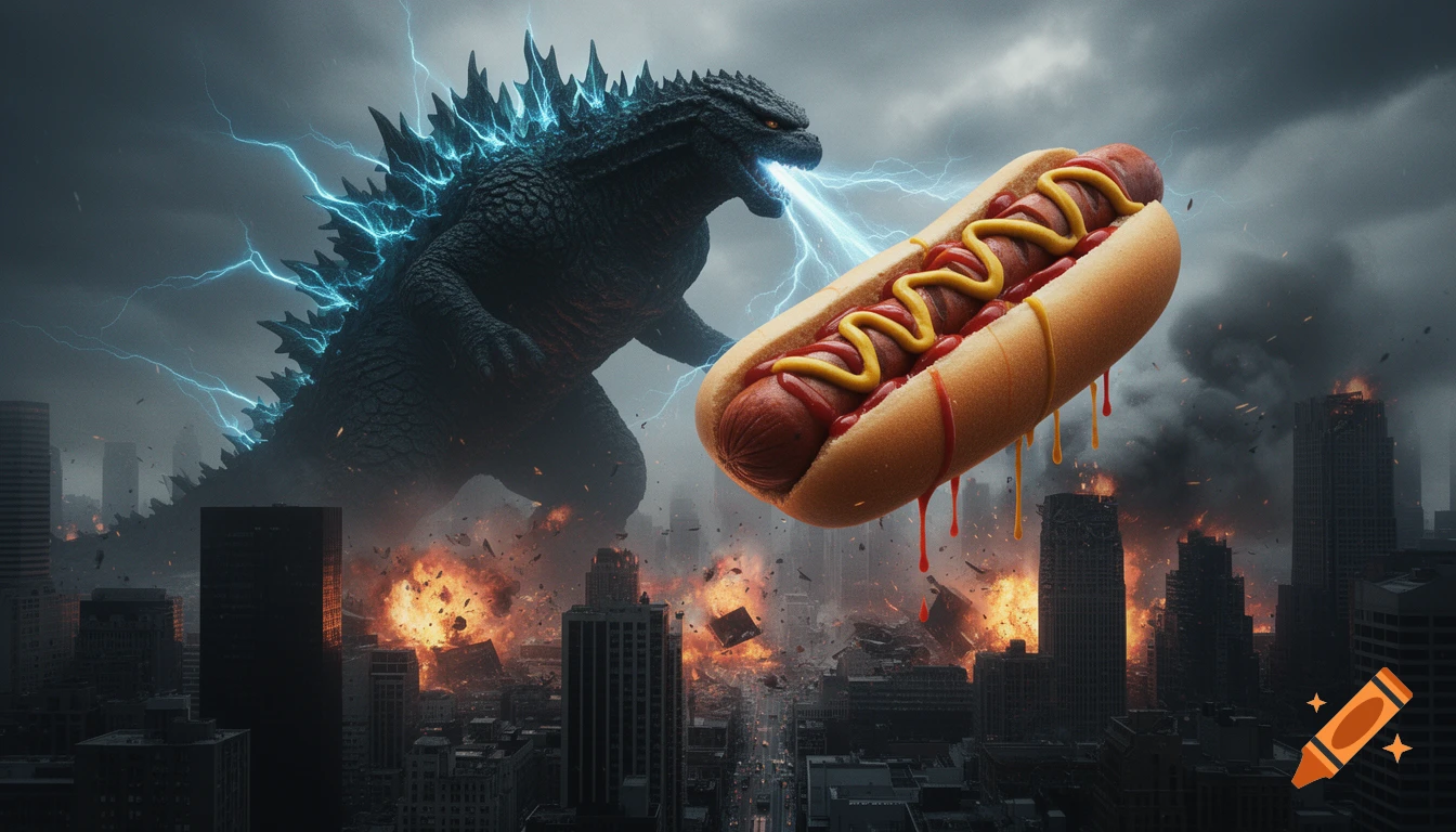 Giant Godzilla blasts a huge hot dog with atomic breath above a burning city engulfed in explosions.