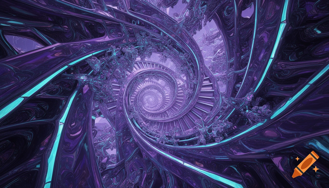 A hyper-detailed abstract fractal design in a spiraling tunnel shape, featuring iridescent purple and cyan liquid-metal textures.