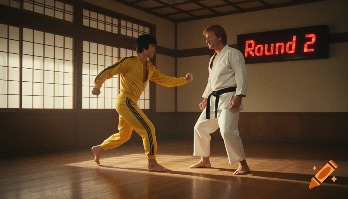 Bruce Lee in a yellow jumpsuit facing off against Chuck Norris in a white gi in a dojo, with a 'Round 2' scoreboard.