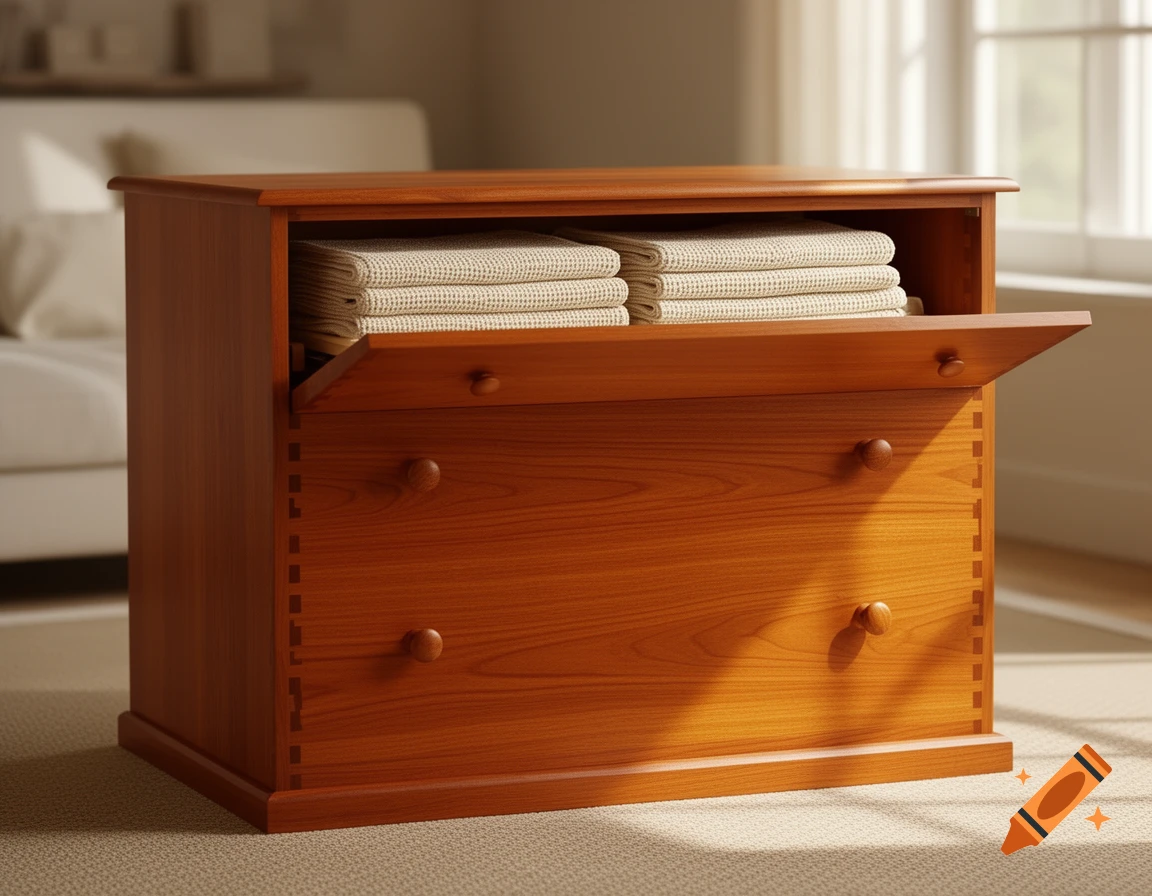A wooden Shaker-style chest with an open top drawer filled with folded white blankets, sitting on a carpet in a sunlit room.