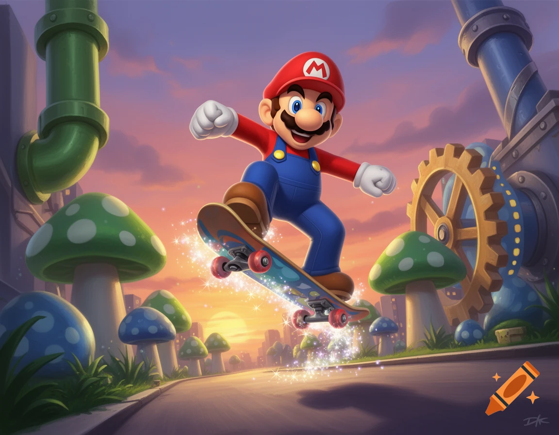 Mario performs a skateboard trick, sparkling in the air over a vibrant fantasy landscape with giant mushrooms and pipes at sunset.