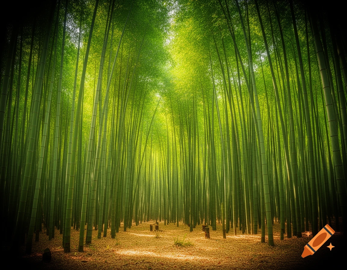 A dense, vibrant bamboo forest with tall green stalks, illuminated by sunlight filtering through the canopy onto the leafy ground.