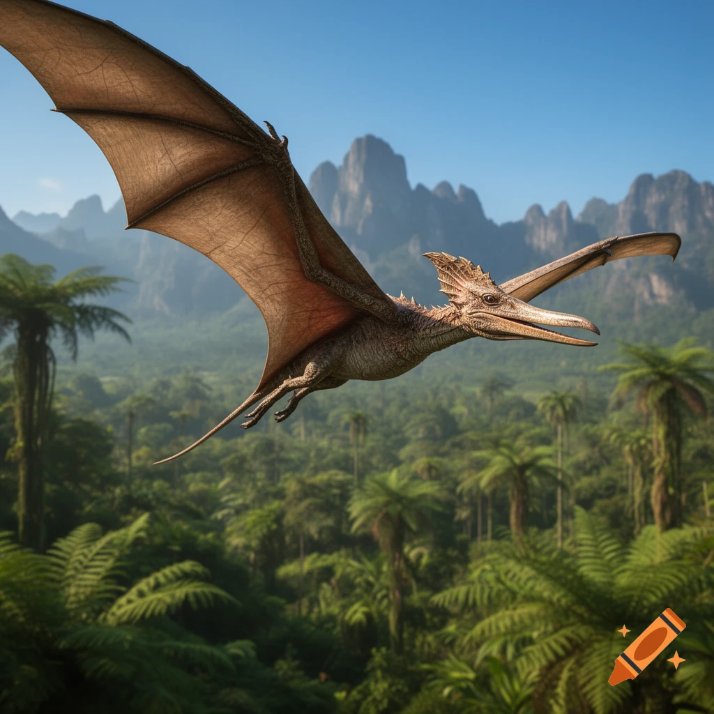 A photorealistic pterodactyl with brown skin and large wings soars over a dense green jungle and distant mountains under a clear blue sky.