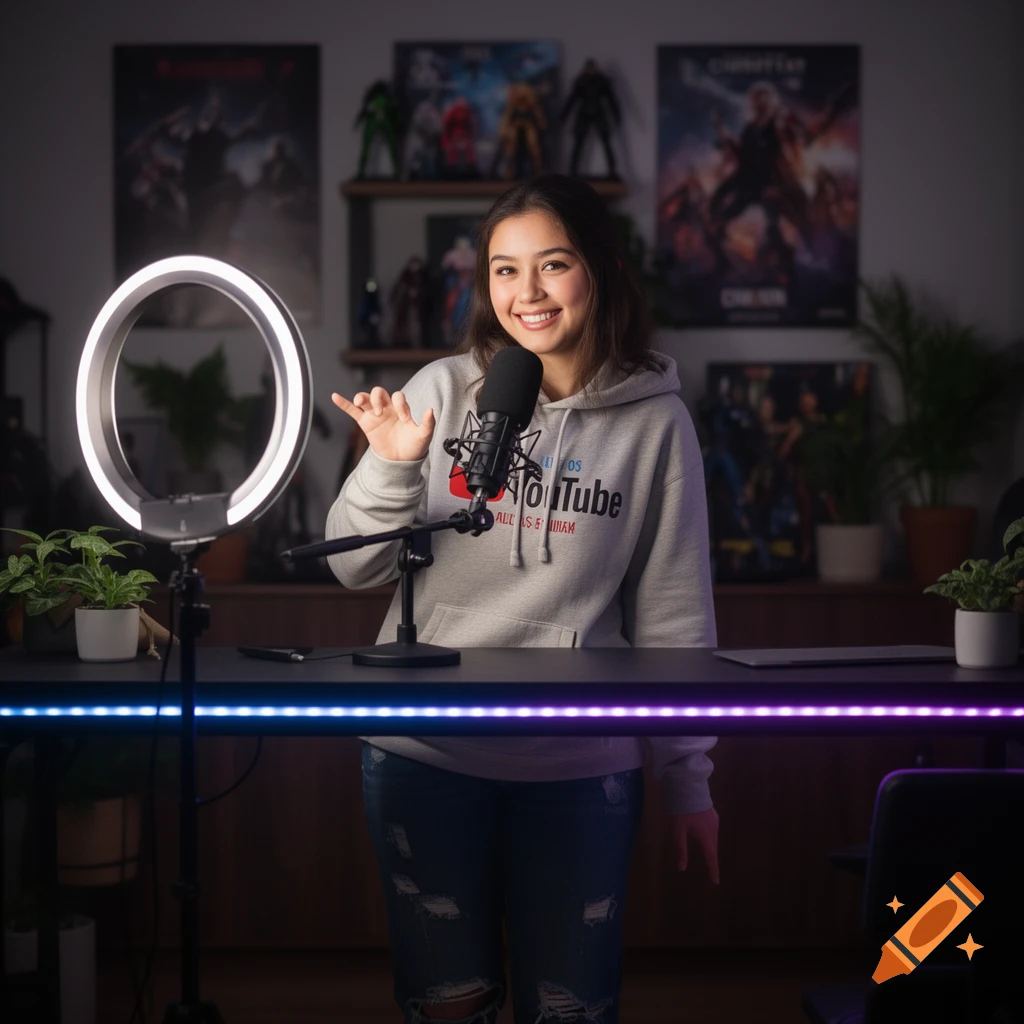A smiling young woman in a YouTube hoodie sits at a desk with a microphone and ring light, gesturing.
