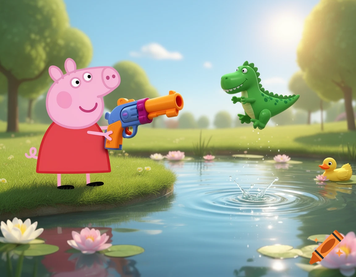 A cartoon Peppa Pig in a red dress holds a colorful toy water gun, aiming at a green dinosaur jumping from a pond with water lilies.