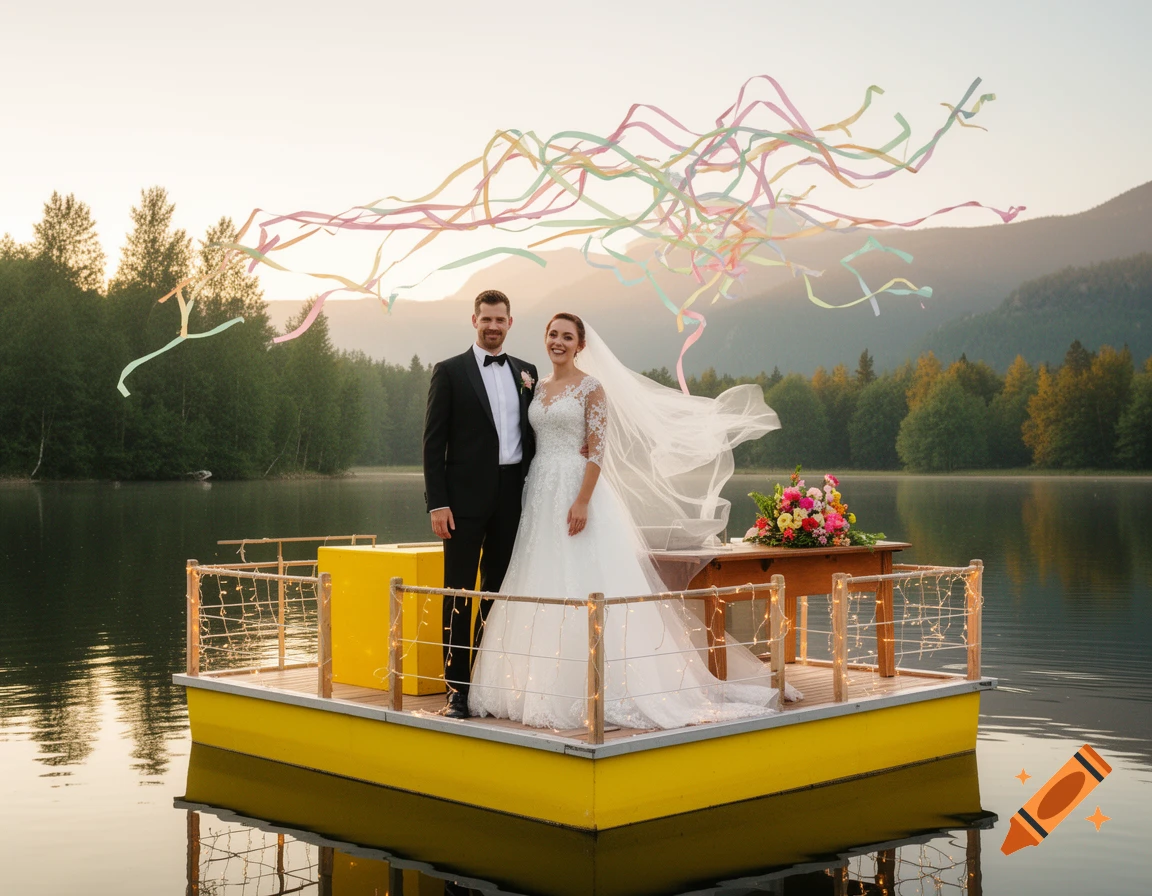 Bride and groom on a yellow party barge on a lake at sunset, with colorful ribbons and mountains.