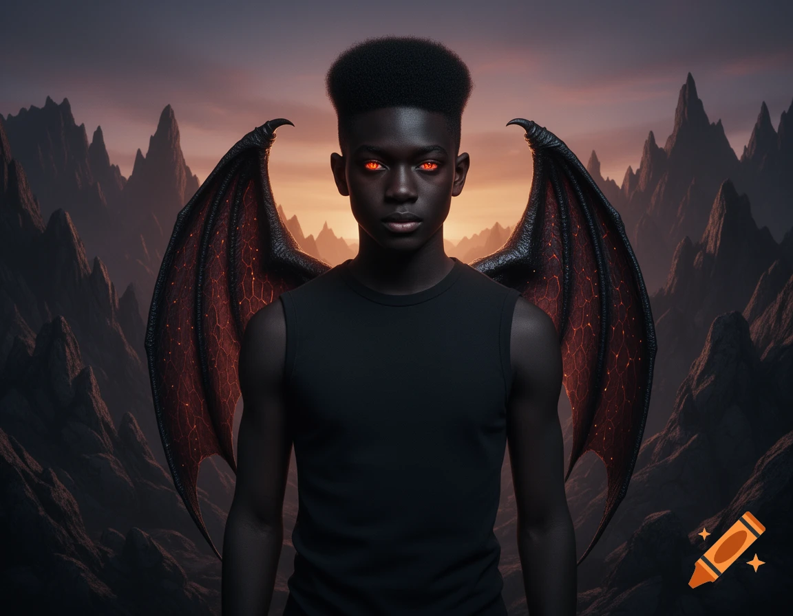 A dark-skinned young man with a small afro, glowing red eyes, and large, leathery bat-like wings stands in a desolate, mountainous landscape at twilight.
