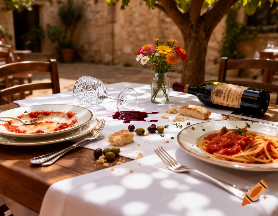 Photorealistic image of an outdoor restaurant table with a spilled glass of red wine, plates of leftover spaghetti, a fallen wine bottle, bread, and olives, after a meal.