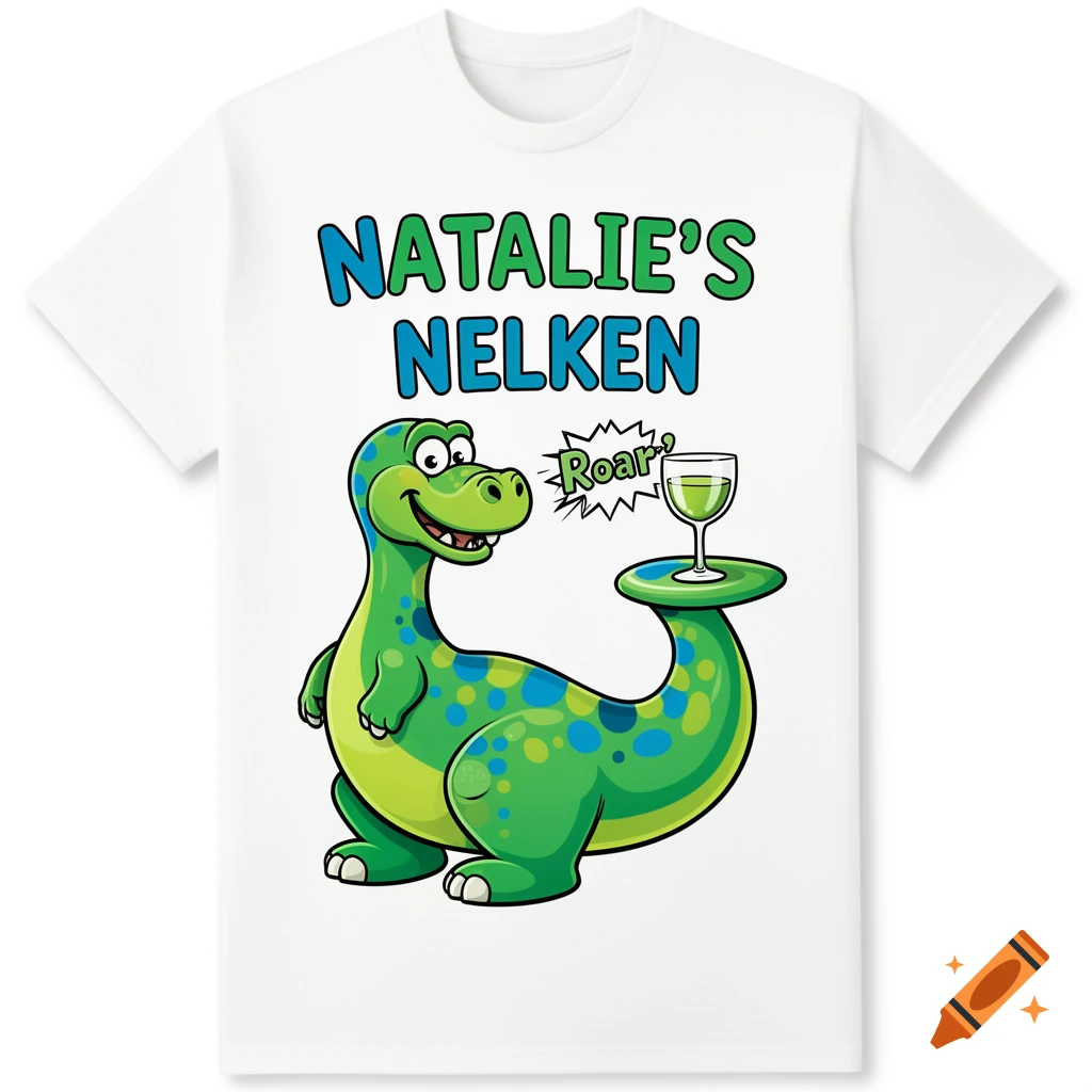 White t-shirt with a green cartoon dinosaur holding a glass on its tail. Text reads "NATALIE'S NELKEN" and "Roar!".