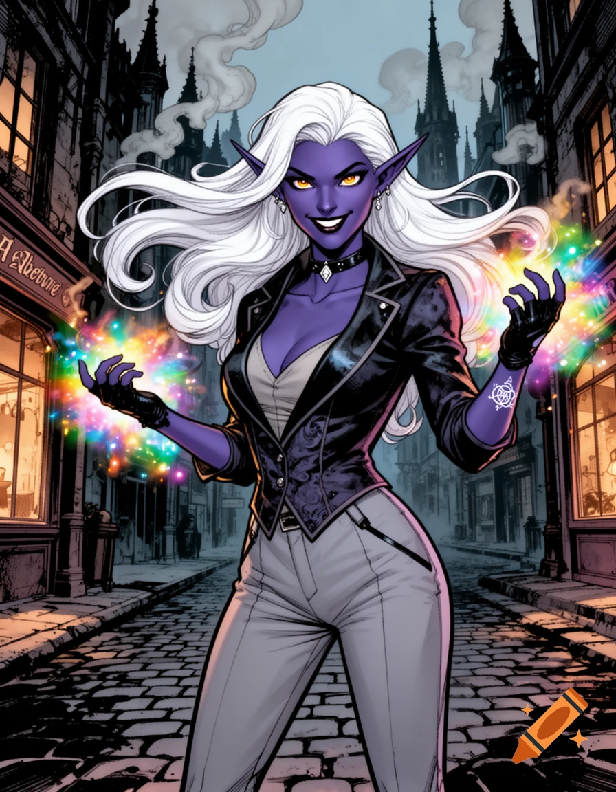 A purple-skinned Drow elf with white hair, black jacket, and grey pants, smirks casting colorful magic on a dark urban fantasy street.