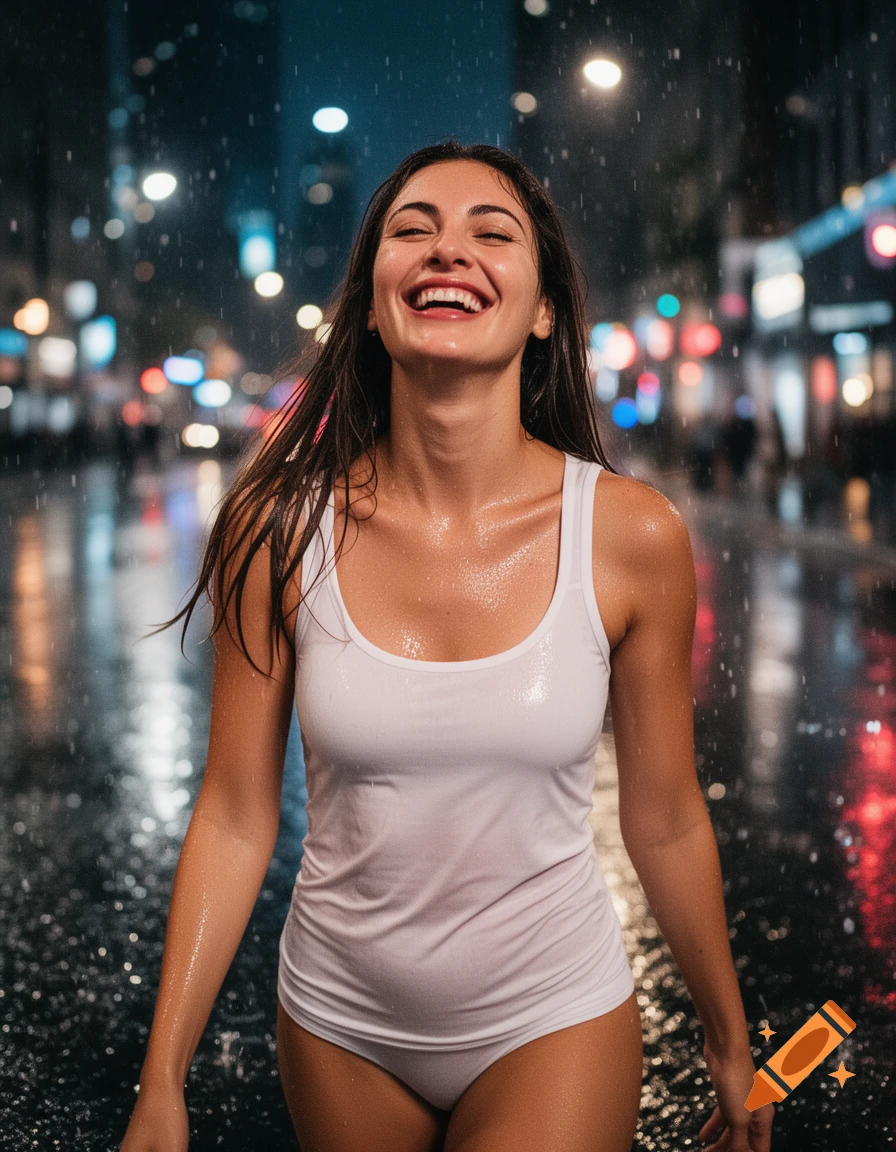 Photorealistic image of a joyful woman with long brown hair, wearing a wet white tank top and underwear, smiling in the city rain at night.
