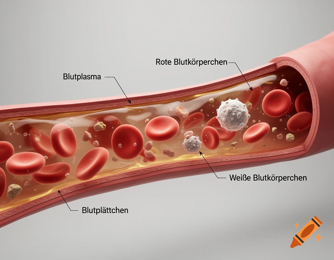 Detailed 3D medical illustration of a blood vessel cross-section showing red and white blood cells, plasma, and platelets with German labels and arrows.