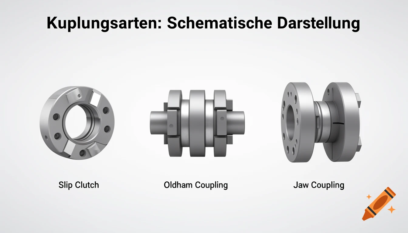 A diagram illustrating three types of mechanical couplings: a slip clutch, an Oldham coupling, and a jaw coupling, presented in a 3D schematic style.