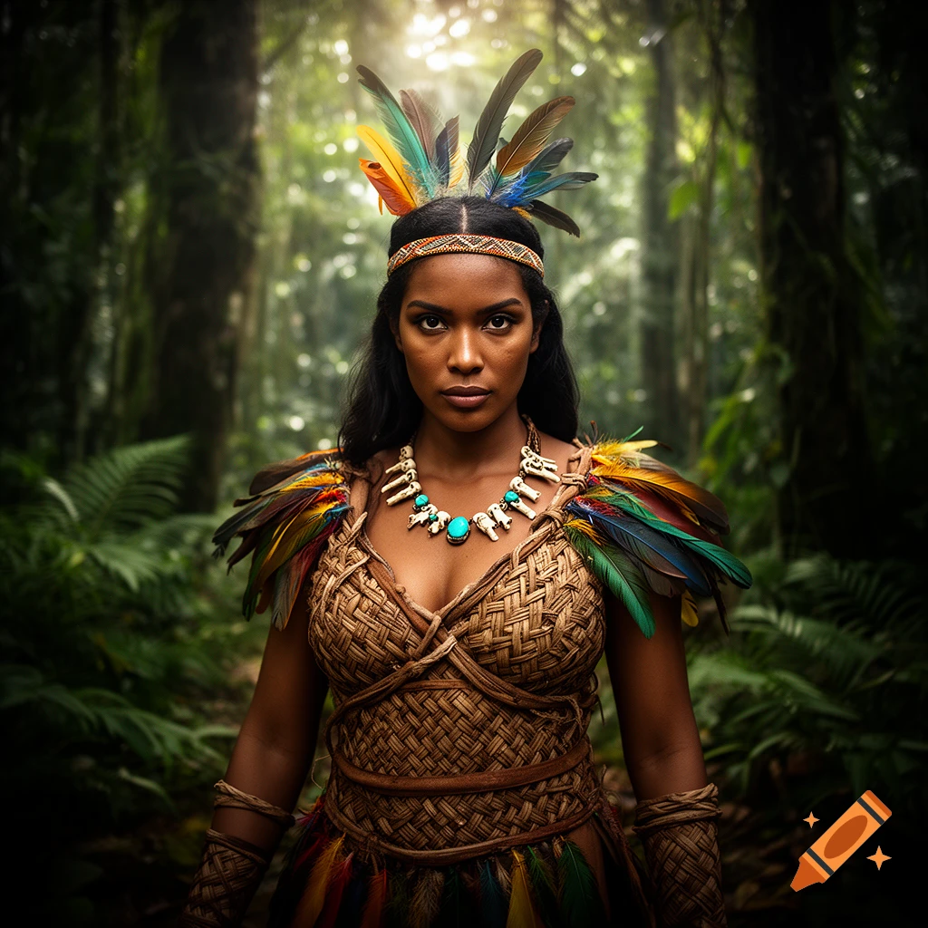 Photorealistic portrait of a serious woman in traditional feather and woven attire, with a turquoise necklace, standing in a lush jungle.