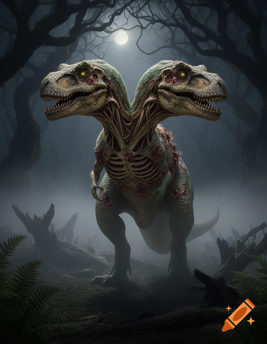 A two-headed, decaying Tyrannosaurus Rex stands in a dark, foggy forest under a full moon, with exposed muscle and bone.