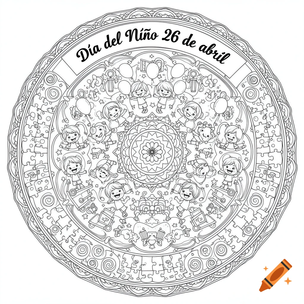 Black and white coloring page of a circular mandala with happy cartoon children, balloons, and toys. Text says "Día del Niño 26 de abril".