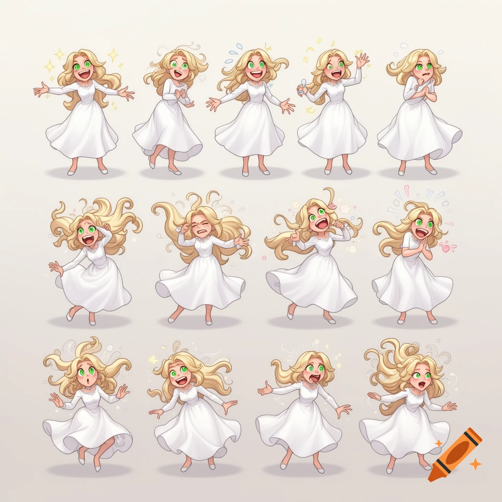 Twelve cartoon emotion sprites of a blonde woman in a white dress, showing various expressions.