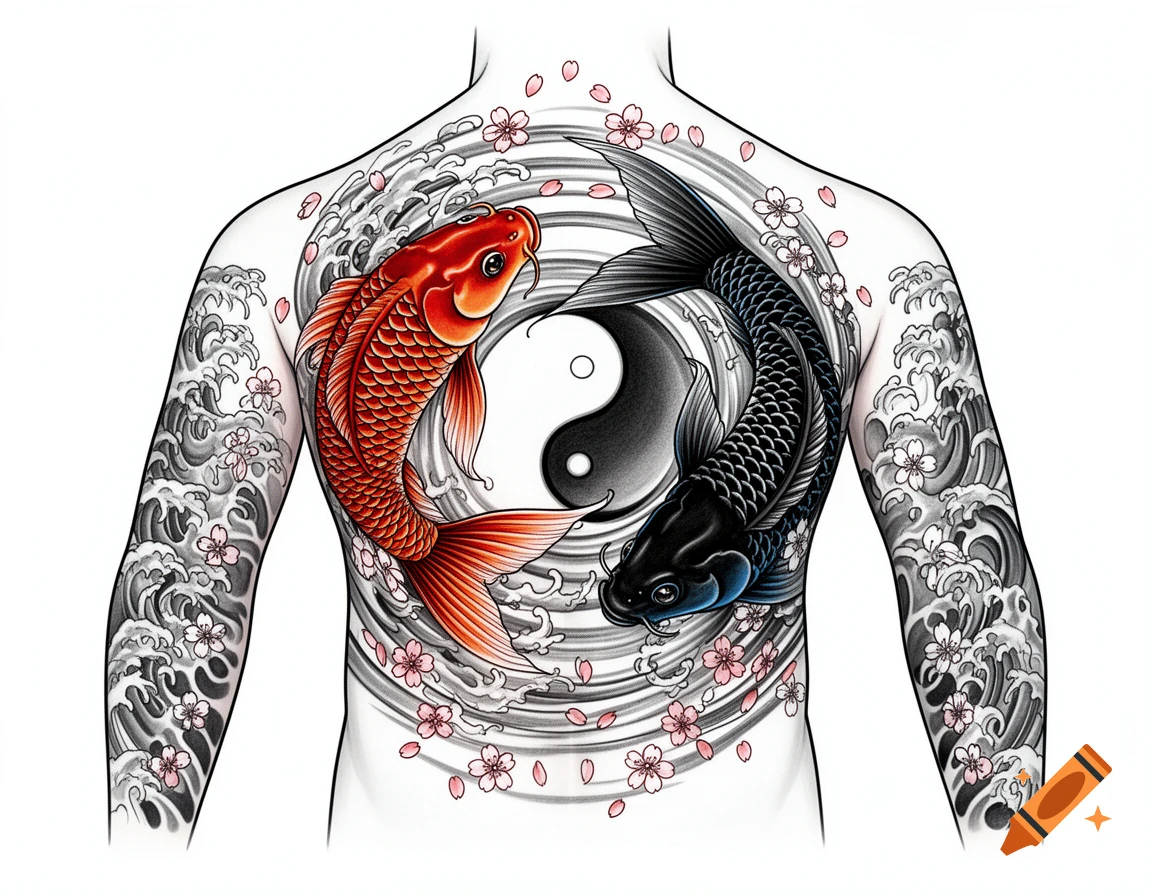 Japanese Irezumi style full back and arm tattoo of red and black koi fish forming a yin-yang symbol, surrounded by waves and cherry blossoms.