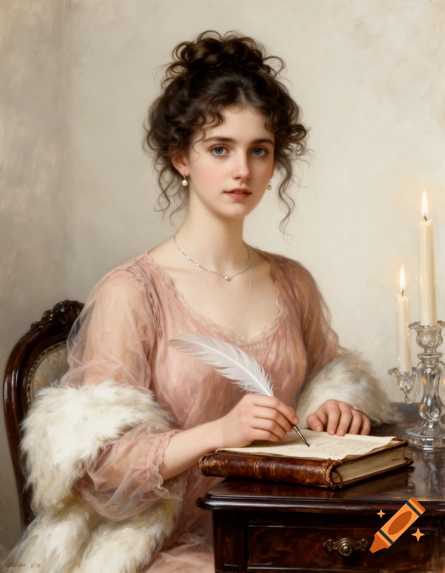 A classical oil painting of a young woman with dark curly hair, holding a quill pen and writing in a leather-bound notebook at a desk lit by candles.