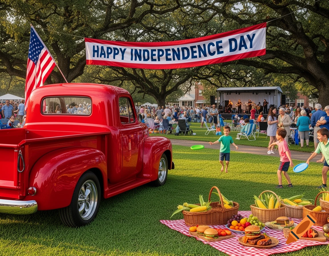 Red vintage pickup truck, picnic, and children playing at a lively outdoor Independence Day festival with a 'Happy Independence Day' banner and US flag.