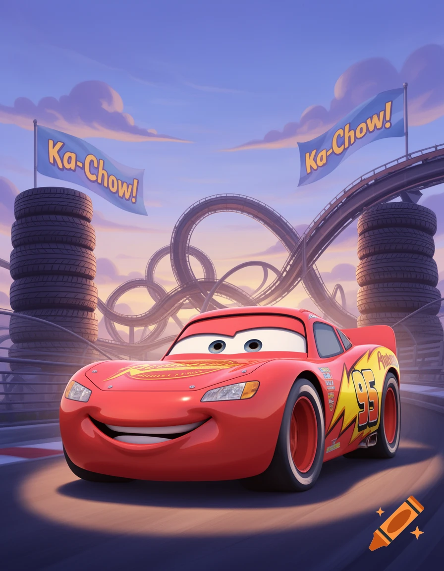 Lightning McQueen, a red race car with eyes and a smiling mouth, on a race track with 'Ka-Chow!' flags and looping tracks in the background, in a stylized animation.