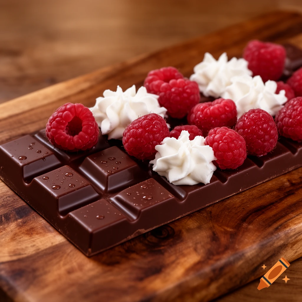 A photorealistic close-up of a dark chocolate bar topped with fresh red raspberries and dollops of white whipped cream on a wooden surface.