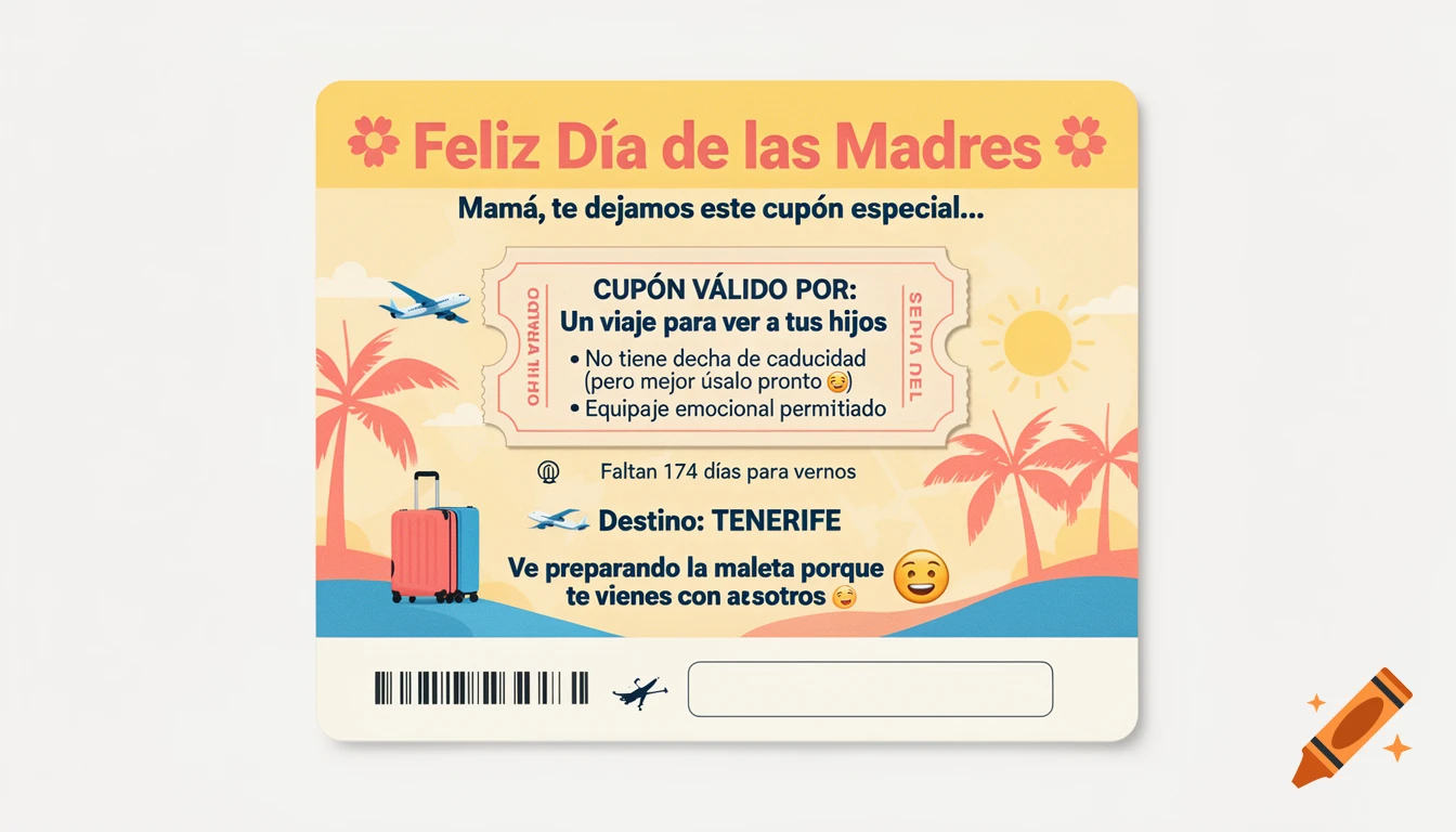 A stylized digital coupon for Mother's Day, featuring a travel theme with an airplane, suitcases, palm trees, and a sun against a warm yellow and blue background. It includes text like "Happy Mother's Day" and "Destination: TENERIFE".