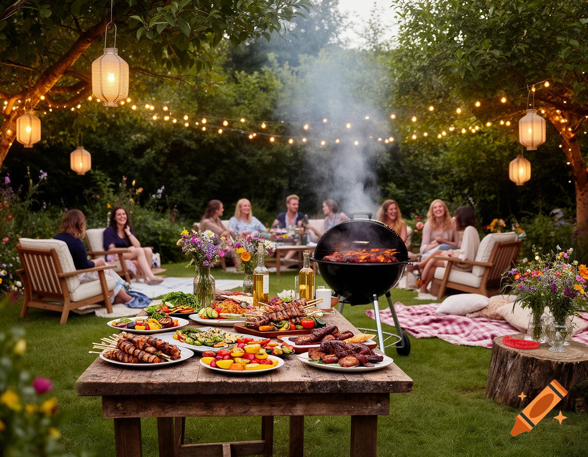 Friends enjoy a photorealistic garden barbecue with plates of food on a wooden table, string lights, and lanterns.