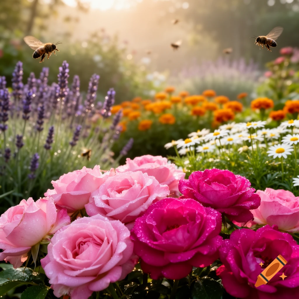 Photorealistic image of a vibrant garden with pink and magenta roses, lavender, daisies, and marigolds. Bees fly in a sunny, misty background.